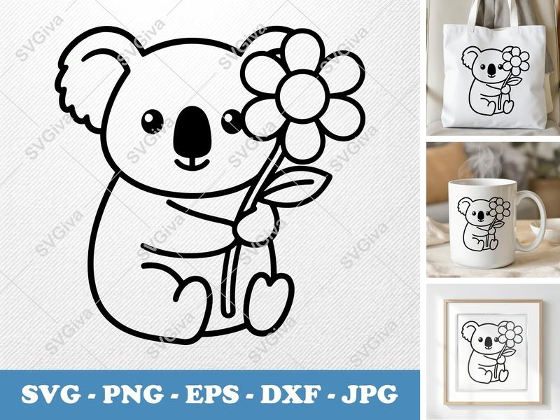 Koala with Flower SVG | Friendly Bean-Shaped Cut File | PNG, DXF, EPS for Cricut & Silhouette