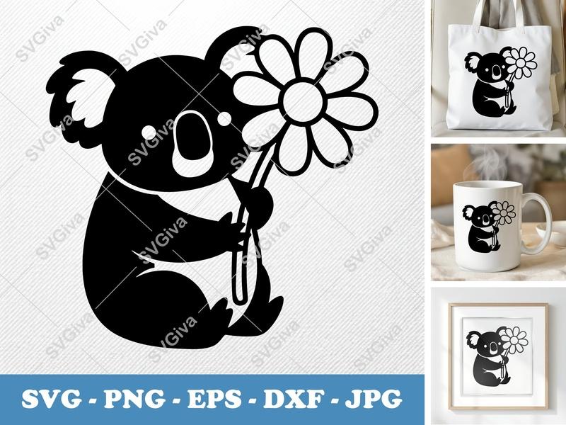 Koala with Flower SVG, Puffy Shapes, Soft Forms | PNG DXF EPS | Cricut Silhouette File