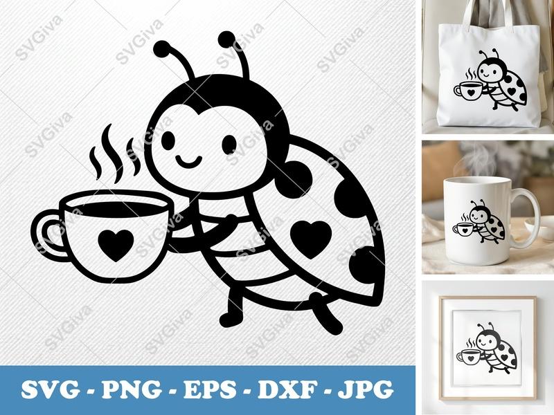 Ladybug Coffee SVG, Cute Ladybug with Heart Cup PNG EPS DXF for Cricut, Silhouette, Modern Insect Clipart