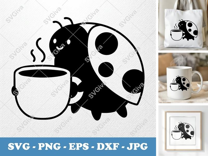 Ladybug Coffee SVG | Modern Clean Design | Mug Drink Cut File | PNG EPS DXF for Cricut, Silhouette