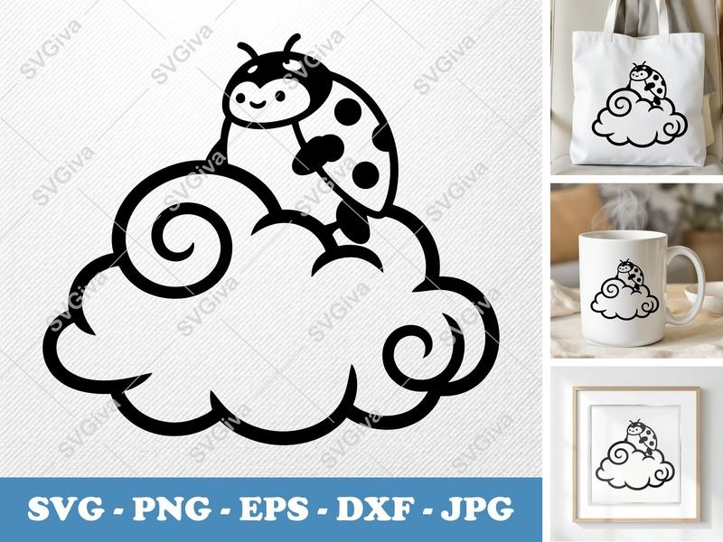 Ladybug on Cloud SVG, Cute Insect Clipart, PNG EPS DXF | Cricut Silhouette Cut File, Modern Bug Vector Art