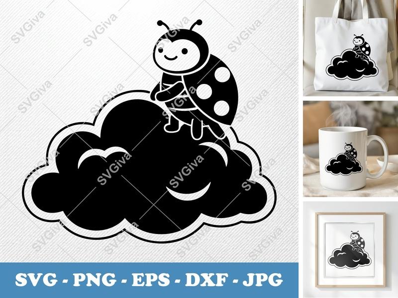 Ladybug on Cloud SVG | Cute Kawaii Minimalist Design | PNG EPS DXF for Cricut & Silhouette | Bug Craft File