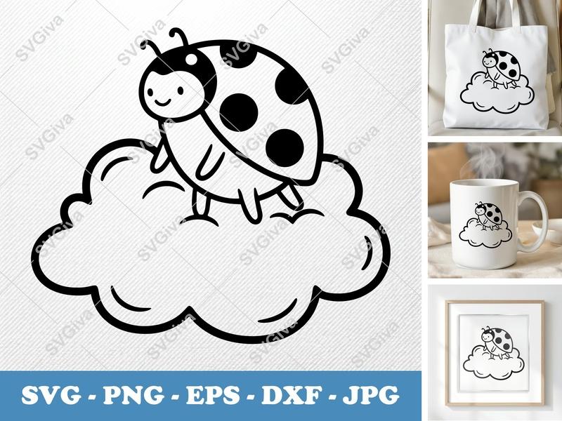 Ladybug on Cloud SVG PNG DXF EPS | Cute Insect Cut File for Cricut Silhouette