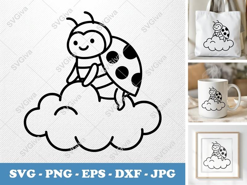 Ladybug on Cloud SVG PNG EPS DXF | Cute Bug Cut File for Cricut Silhouette, Modern Insect Clipart