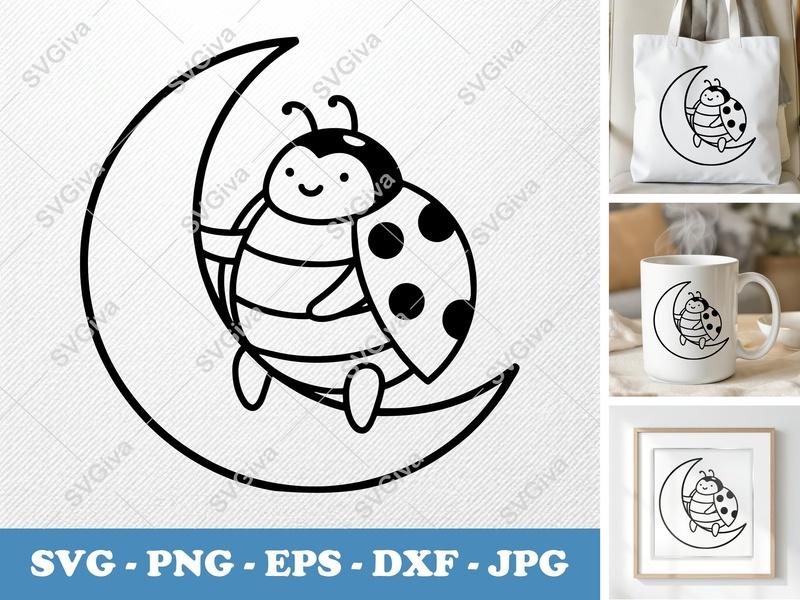 Ladybug on Moon SVG, Cute Cartoon Insect PNG EPS DXF | Cricut Silhouette File, Nursery Decor, Modern Clean Design