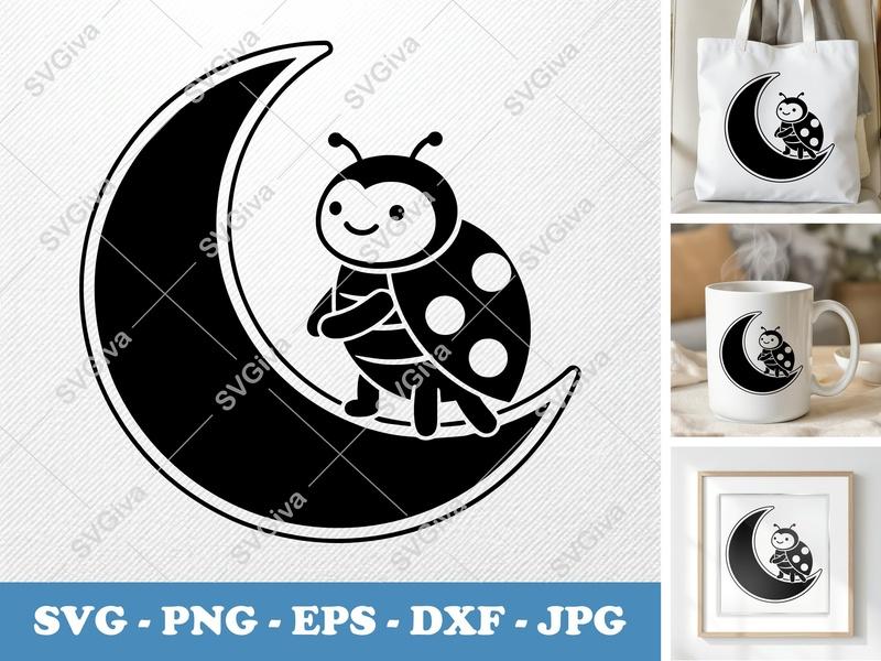 Ladybug on Moon SVG | Cute Celestial PNG EPS DXF | Cricut Silhouette File | Modern Insect Clipart