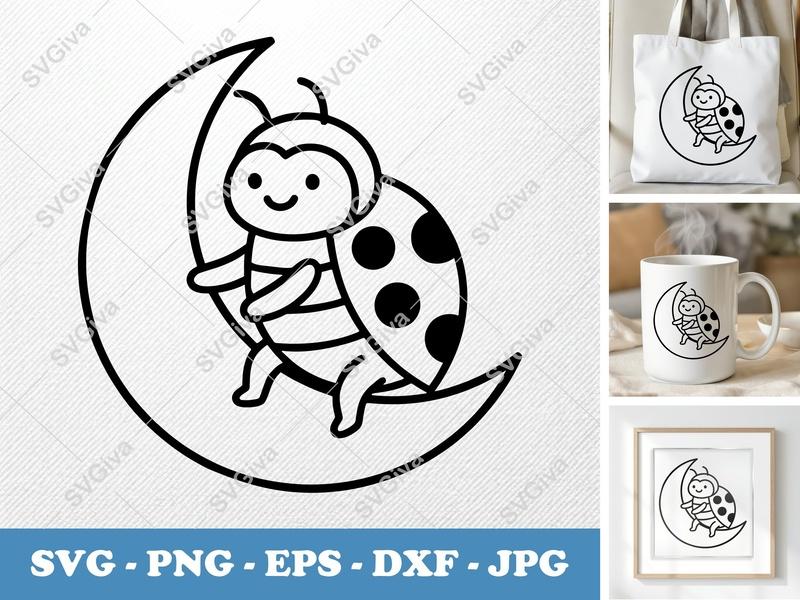 Ladybug on Moon SVG, Cute Insect Clipart, Outline Vector PNG EPS DXF for Cricut & Silhouette, Baby Nursery Art
