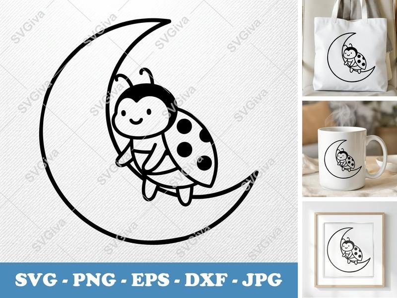 Ladybug on Moon SVG, Cute Insect Clipart, PNG EPS DXF | Cricut & Silhouette Cut File, Modern Bug Digital Download