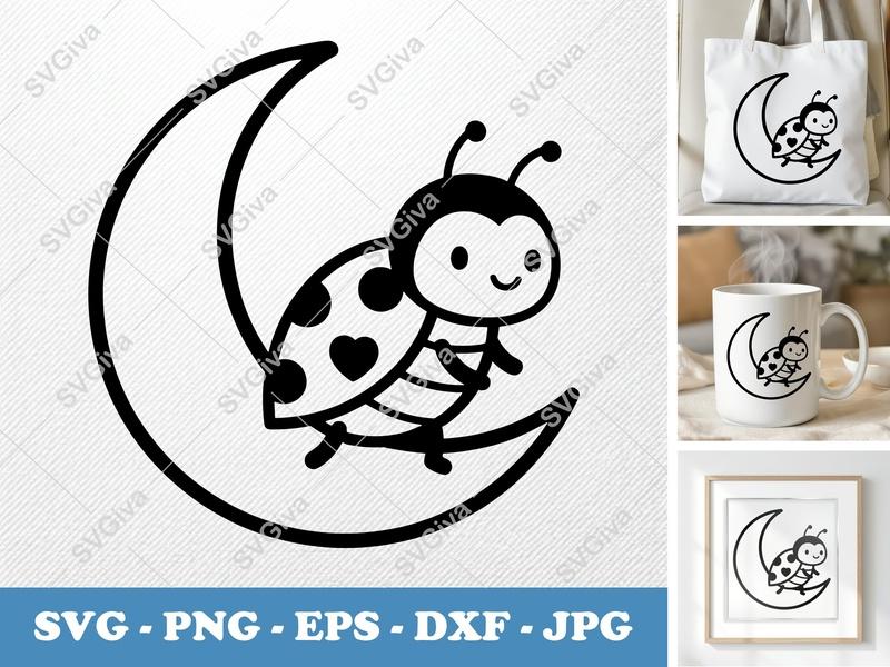 Ladybug on Moon SVG | Cute Insect PNG EPS DXF | Cricut & Silhouette Cut File | Modern Ladybird Clipart