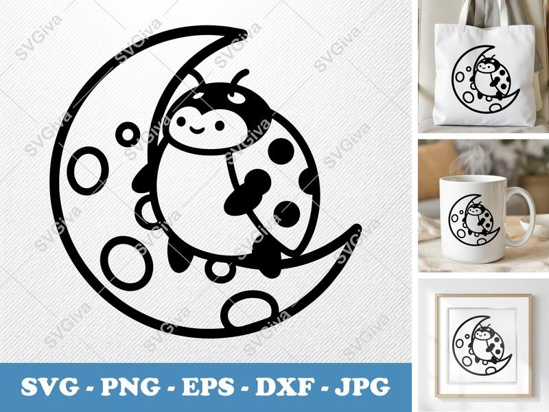 Ladybug on Moon SVG | Cute Modern Clean Design | PNG EPS DXF for Cricut Silhouette