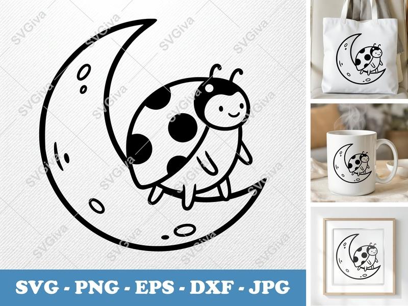 Ladybug on Moon SVG PNG DXF EPS | Cute Insect Cut File for Cricut Silhouette