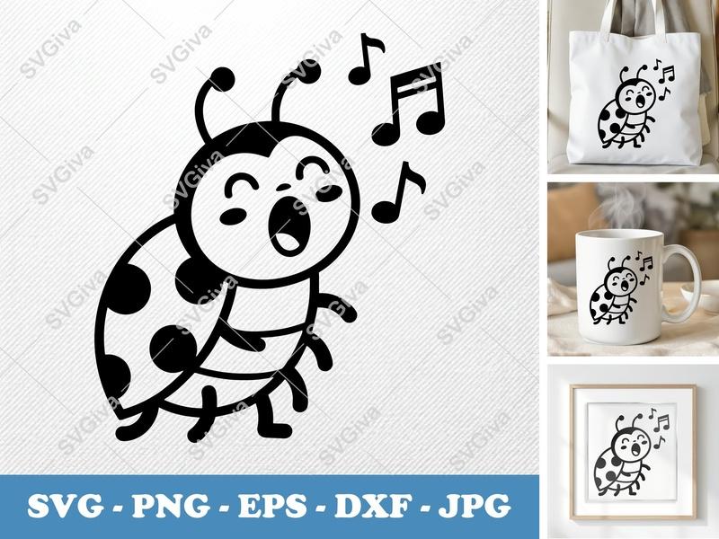 Ladybug Singing SVG | Bold Contour, Simple Character | PNG, DXF, EPS | Cricut, Silhouette Cut File
