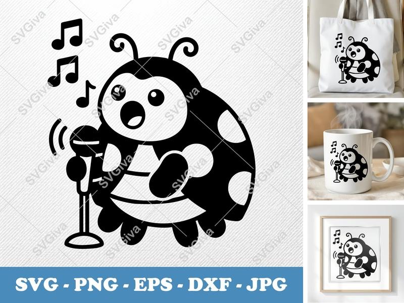 Ladybug Singing SVG | Cute Microphone Music Notes PNG EPS DXF | Cricut Silhouette Cut File