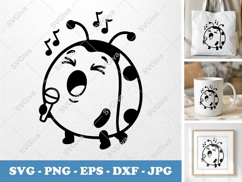 Ladybug Singing SVG | Cute Microphone Music Notes | PNG EPS DXF | Cricut Silhouette Cut File