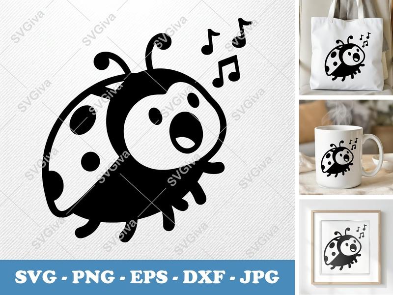 Ladybug Singing SVG | Cute Music Note PNG EPS DXF | Cricut Silhouette Cut File | Modern Cartoon Insect