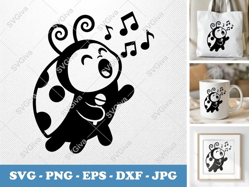 Ladybug Singing SVG, Cute Music Notes PNG, EPS, DXF | Cricut & Silhouette Cut File, Modern Bug Clipart