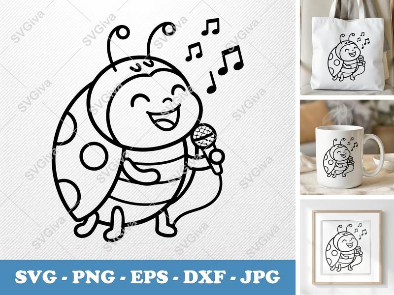 Ladybug Singing SVG, Friendly Rounded Bean-Shaped Forms | PNG DXF EPS | Cricut Silhouette Cut File