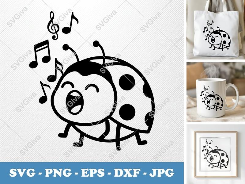 Ladybug Singing SVG, Music Notes PNG DXF EPS, Cute Bug Cut File for Cricut Silhouette, Rounded Friendly Design