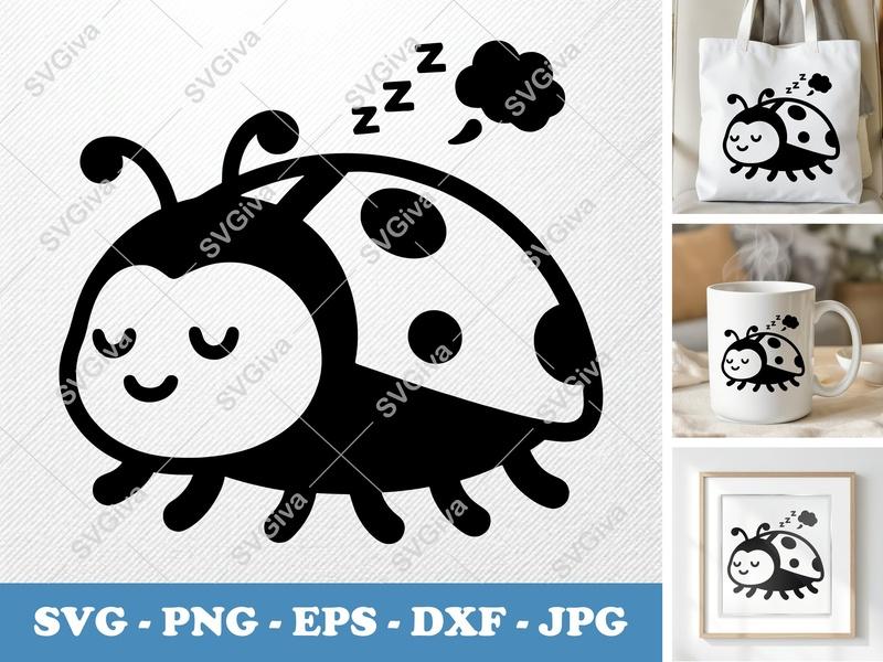Ladybug Sleeping SVG, Kawaii Beetle Napping, Cute Insect PNG EPS DXF for Cricut & Silhouette, Modern Bug Cut File