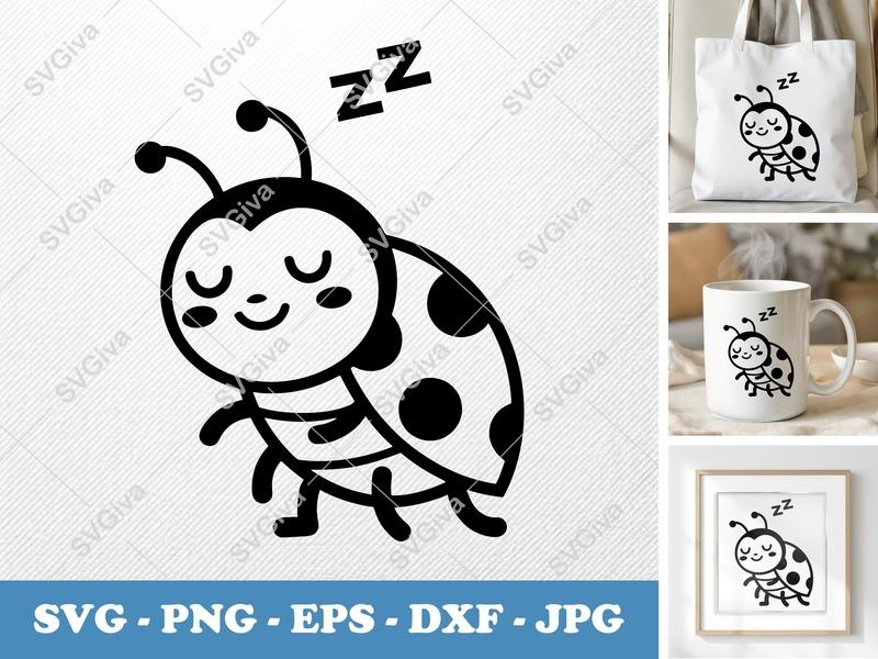 Ladybug Sleeping SVG | Minimalist Vector Cut File | PNG DXF EPS | Cricut Silhouette Design | Simple Character Art