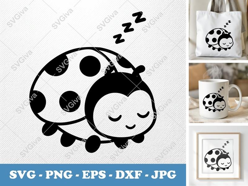 Ladybug Sleeping SVG, PNG, EPS, DXF | Cute Cartoon Ladybird with Zzz | Cricut, Silhouette Cut File | Modern Nursery Decor