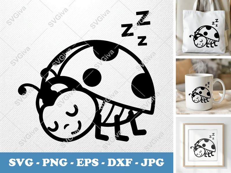 Ladybug Sleeping SVG, PNG, EPS, DXF | Cute Modern Lady Bug Cut File for Cricut & Silhouette | Sleepy Insect Clipart