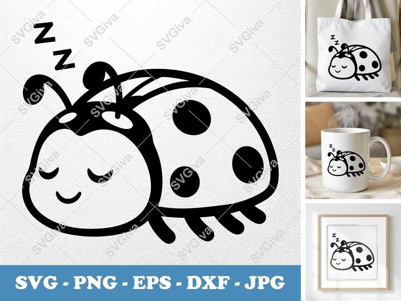 Ladybug Sleeping SVG | Puffy Cartoon Design | PNG DXF EPS | Cricut Silhouette File