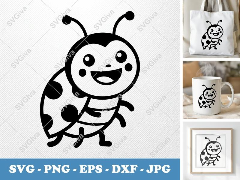 Ladybug Smiling Happily SVG | Minimalist Vector Cut File | PNG DXF EPS | Cricut Silhouette Design