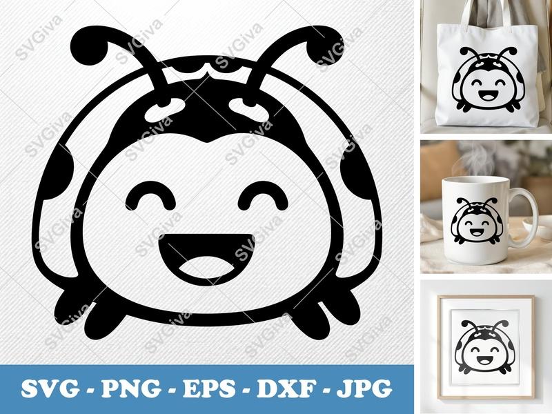 Ladybug Smiling Happily SVG | Puffy Soft Shapes | Inflated Pillow Art | PNG DXF EPS | Cricut Silhouette Cut File