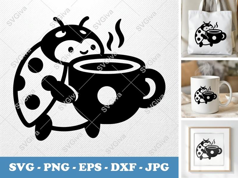 Ladybug SVG Coffee Cup Design, Cute Insect Mug PNG EPS DXF for Cricut, Silhouette, Modern Clean Clip Art