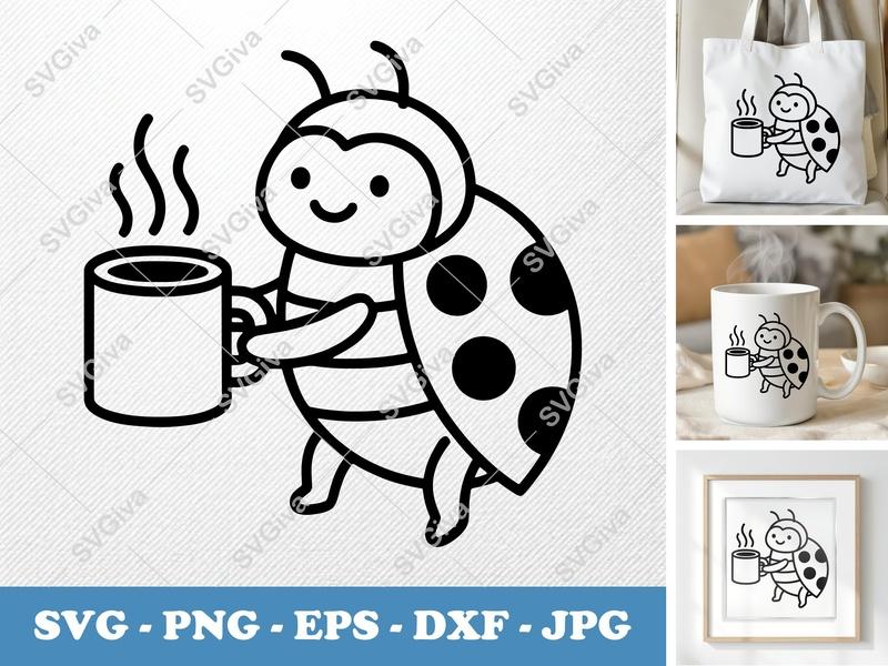 Ladybug SVG Coffee Mug | Cute Cartoon Lady Bug | PNG EPS DXF | Cricut Silhouette File | Kawaii Insect Clipart
