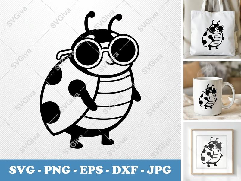 Ladybug SVG | Cool Ladybug with Sunglasses PNG EPS DXF | Cricut Silhouette Cut File | Modern Cartoon Insect Clipart