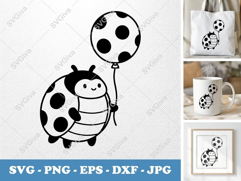 Ladybug SVG, Cute Balloon Ladybug, Polka Dot Insect, PNG EPS DXF for Cricut Silhouette, Kids Craft, Animal Clipart