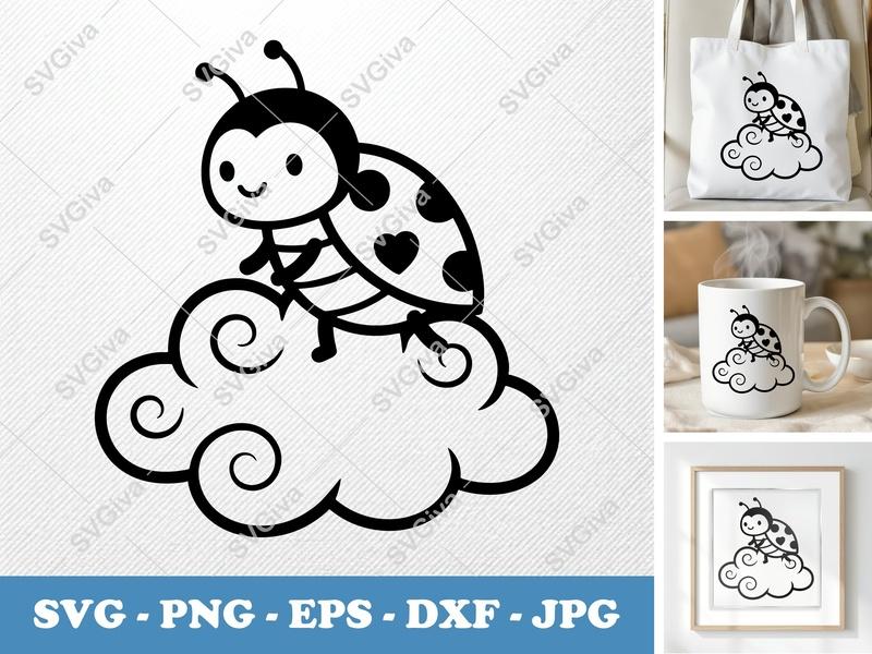 Ladybug SVG | Cute Cartoon Bug on Cloud with Heart Spots | PNG EPS DXF for Cricut & Silhouette, Kids Craft, Nursery Decor