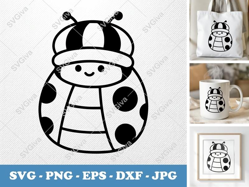 Ladybug SVG, Cute Cartoon Bug with Hat, Outline Clipart | PNG EPS DXF for Cricut & Silhouette, Modern Insect Cut File