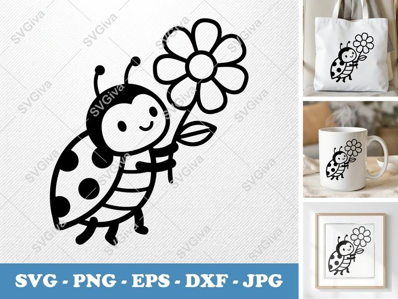 Ladybug SVG | Cute Ladybug with Flower | Modern Insect Clipart | PNG EPS DXF for Cricut Silhouette