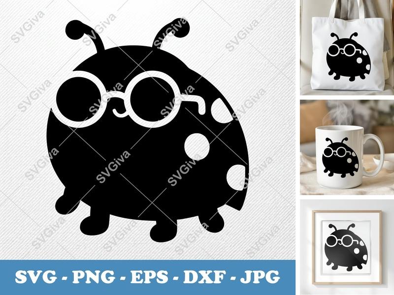 Ladybug SVG, Cute Ladybug with Glasses Cut File, Modern Bug PNG EPS DXF for Cricut & Silhouette