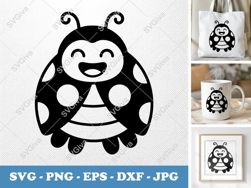 Ladybug SVG | Happy Smiling Ladybug Cut File | Modern Cartoon Insect PNG EPS DXF for Cricut Silhouette