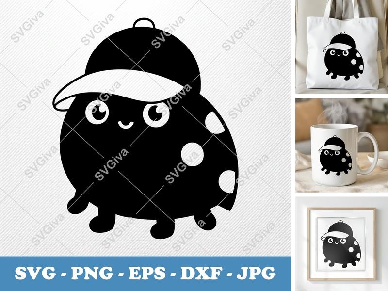 Ladybug SVG | Modern Cartoon Ladybug with Hat | PNG EPS DXF | Cricut Silhouette Cut File | Cute Insect Clipart