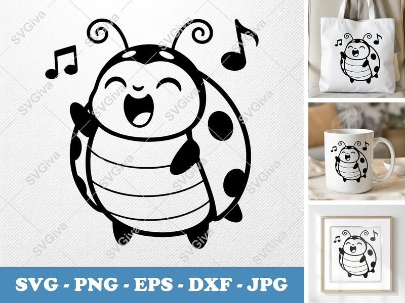 Ladybug SVG Singing Cut File, Happy Insect PNG, EPS, DXF for Cricut & Silhouette, Music Note Clipart Vector