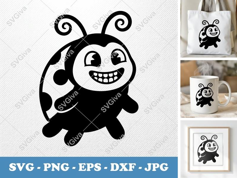 Ladybug SVG | Smiling Happy Cartoon Bug, Retro Kawaii Style | PNG EPS DXF for Cricut Silhouette Cutting Files