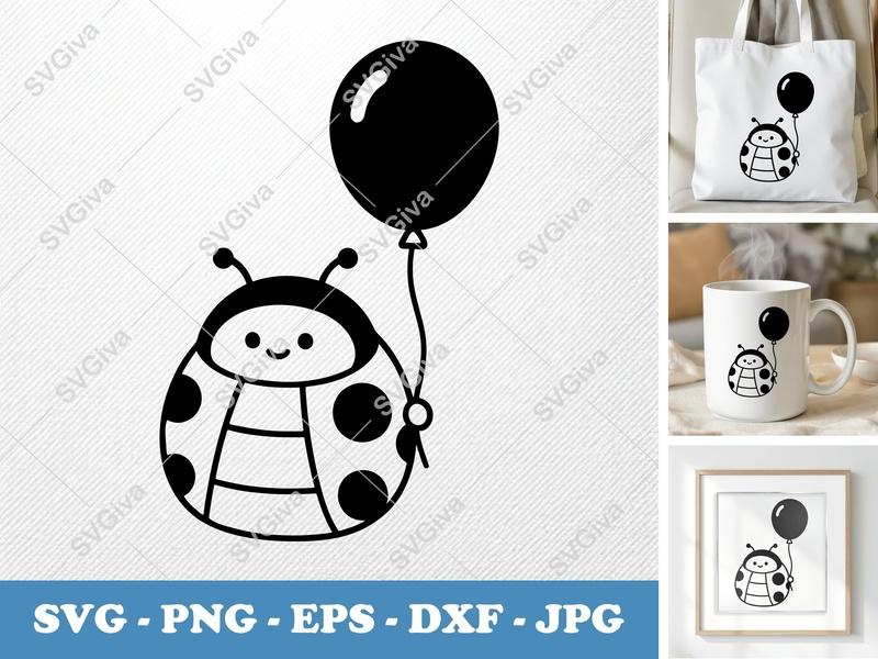 Ladybug SVG with Balloon Cut File | Modern Cartoon Ladybug PNG EPS DXF for Cricut & Silhouette | Cute Insect Clipart
