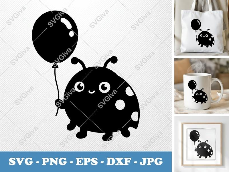 Ladybug SVG with Balloon | Cute Modern Lady Bug PNG EPS DXF for Cricut, Silhouette | Birthday Party Craft File