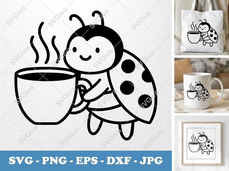 Ladybug SVG with Coffee Cup | Cute Bug Clipart, Modern Design | PNG EPS DXF for Cricut, Silhouette