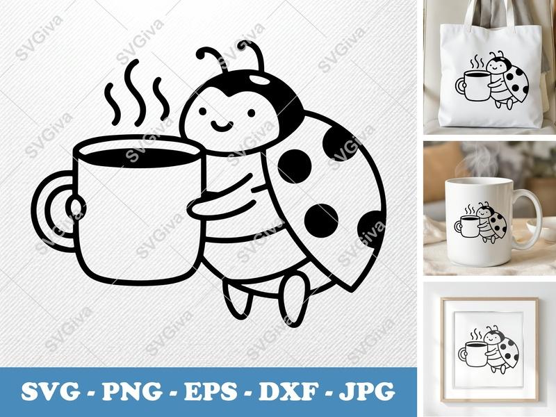 Ladybug SVG with Coffee Mug | Cute Insect PNG EPS DXF for Cricut & Silhouette, Modern Clean Design