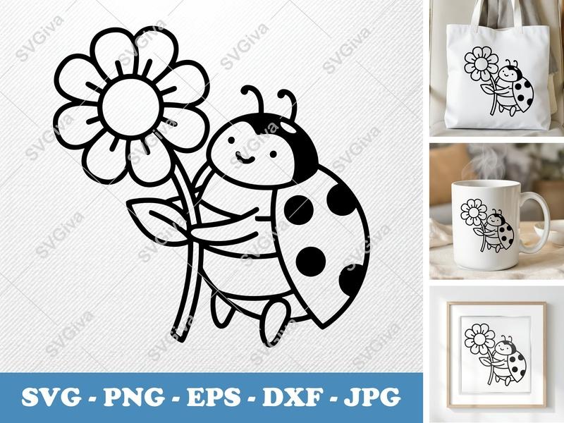 Ladybug SVG with Flower | Cute Bug Clip Art, Modern Line Art, PNG, EPS, DXF for Cricut, Silhouette