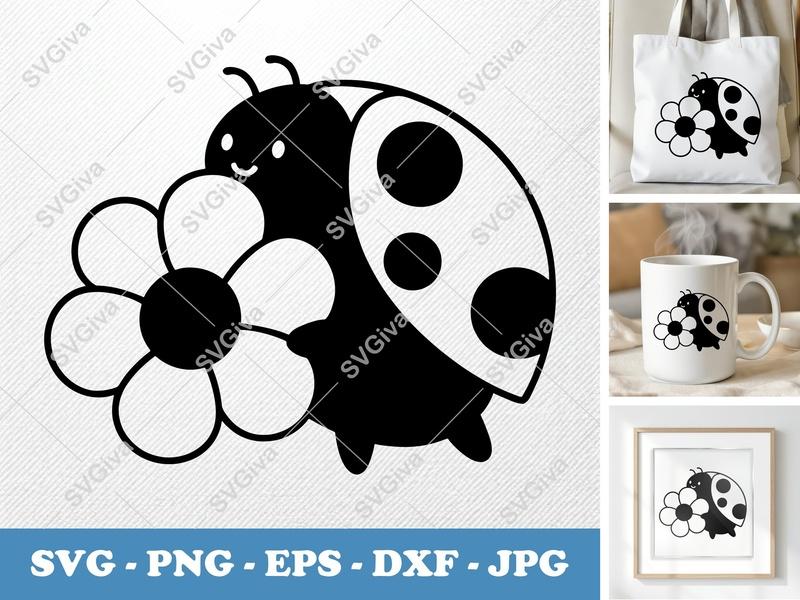 Ladybug SVG with Flower | Cute Modern Design | PNG EPS DXF | Cricut Silhouette Cut File