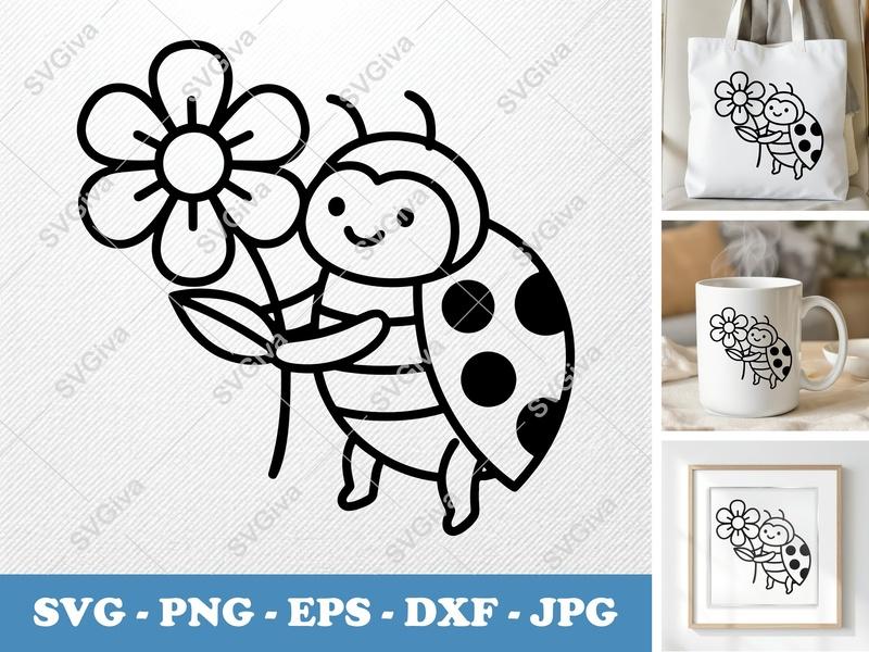 Ladybug SVG with Flower | Cute Modern Lady Bug PNG EPS DXF | Cricut & Silhouette Cut File | Insect Clipart