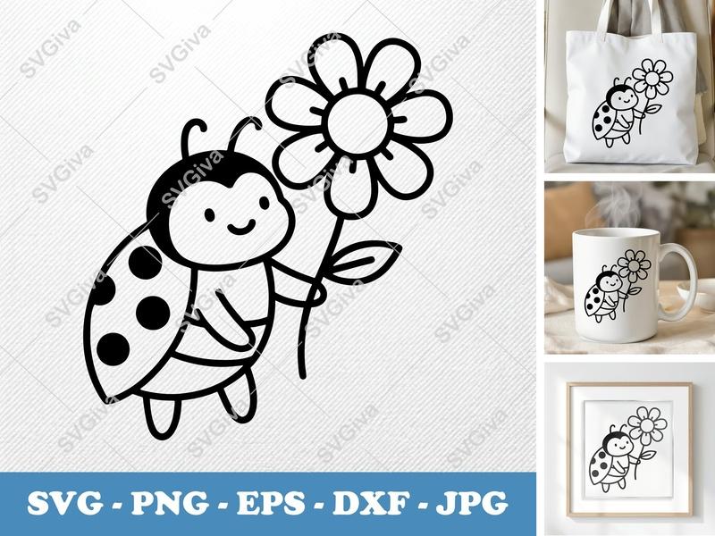 Ladybug SVG with Flower, Cute Outline Design, PNG EPS DXF for Cricut & Silhouette, Modern Insect Clipart