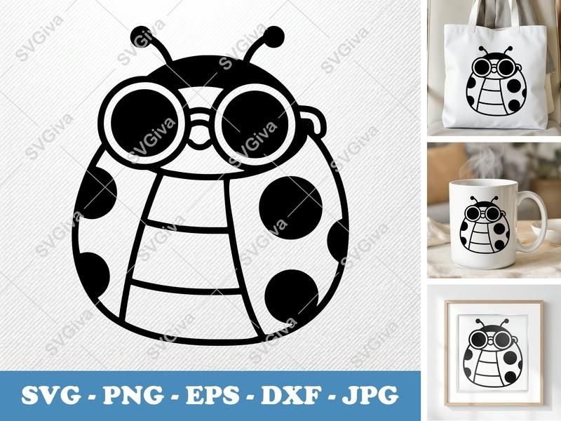 Ladybug SVG with Glasses | Modern Clean Design, Digital Cut File for Cricut, Silhouette | PNG EPS DXF Vector Clipart